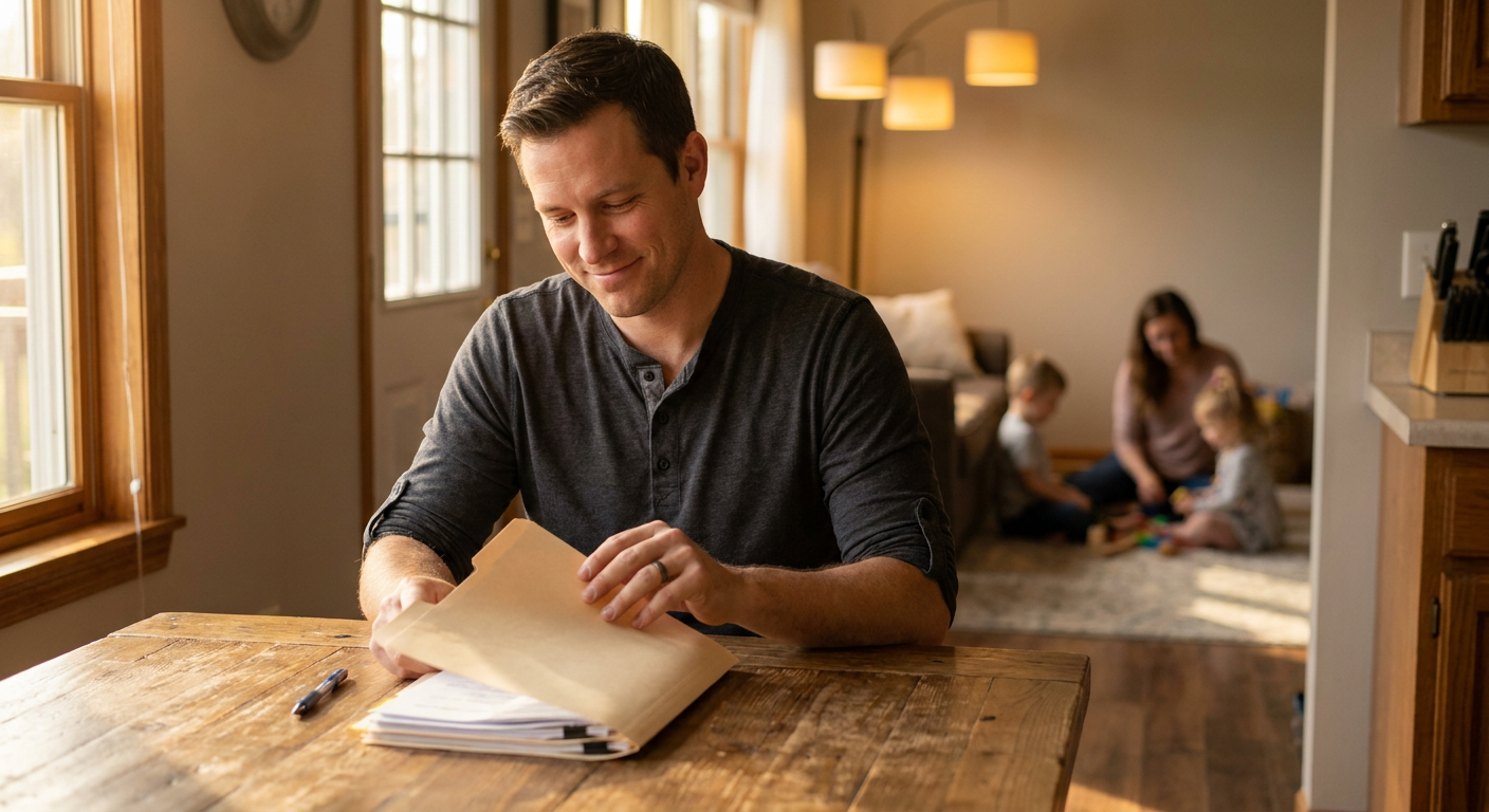 The Real Dad Move - Dad organizing estate documents while family plays in background