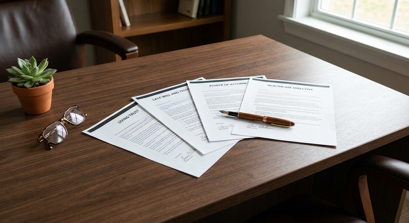 Estate planning documents on a walnut desk