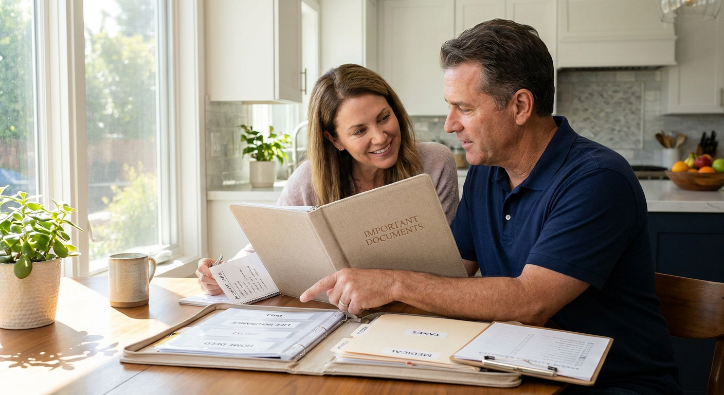 Dad showing spouse where important documents are stored