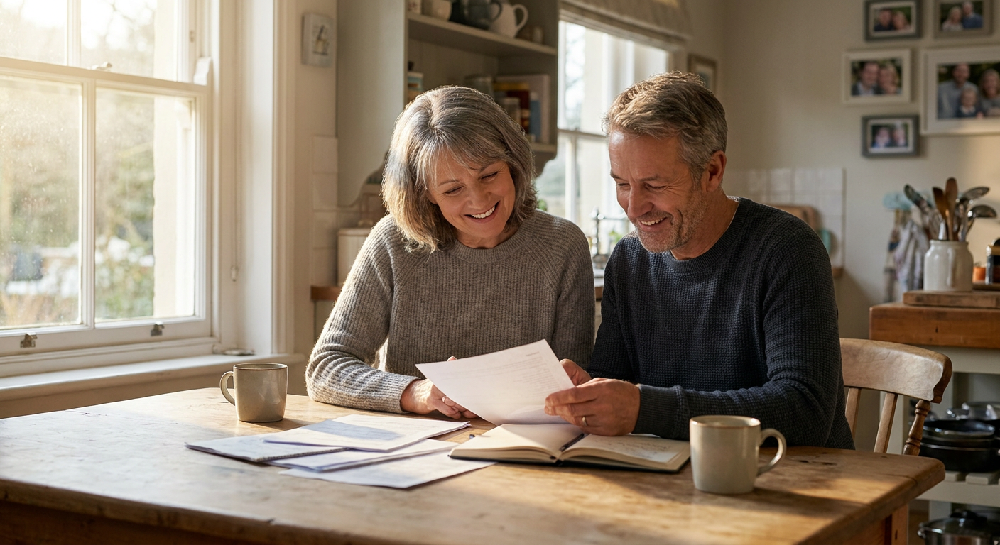 Couple reviewing documents at kitchen table