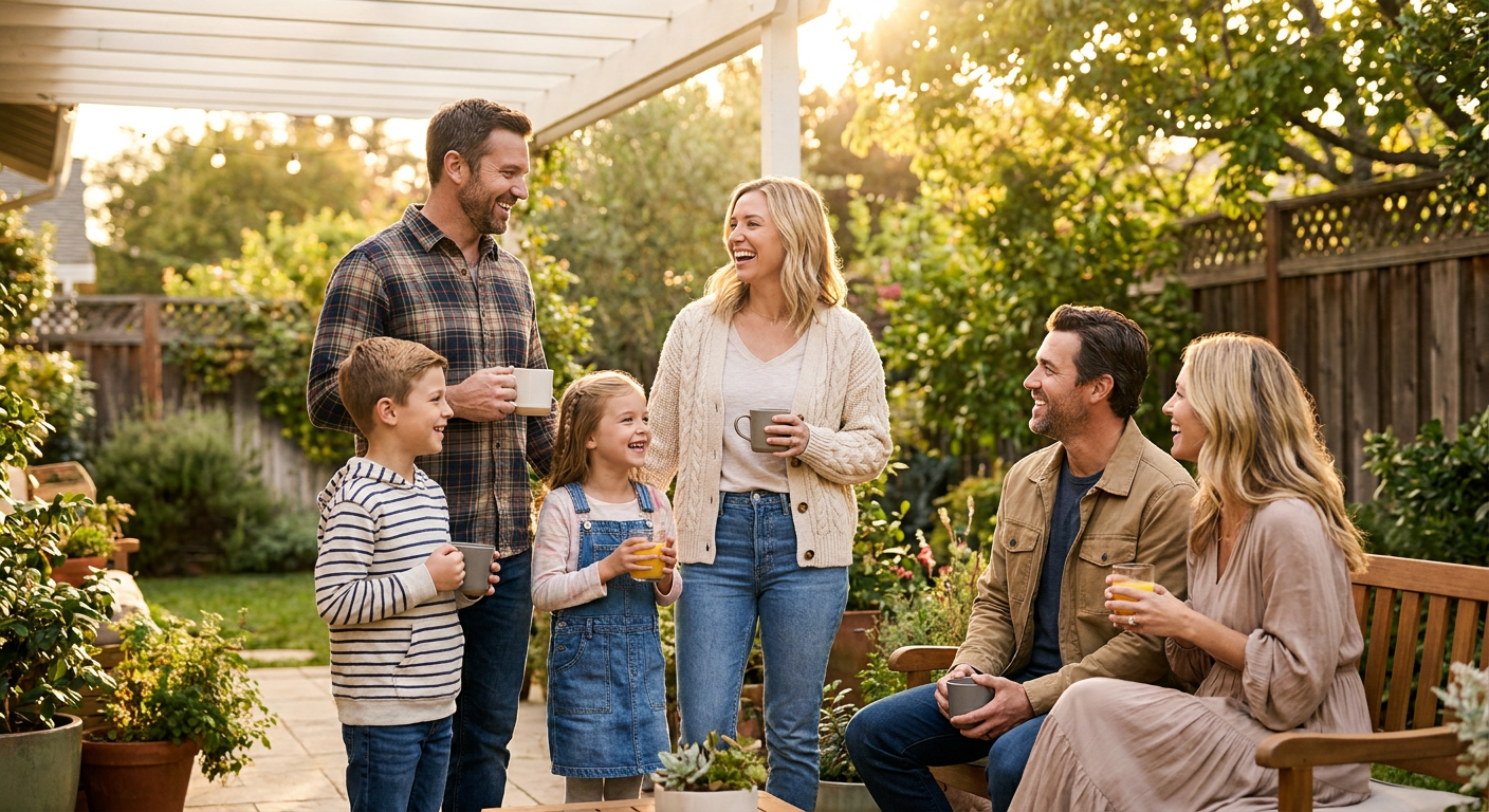 Family conversation on a backyard patio