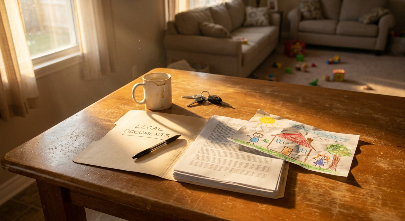 Unsigned legal documents on a family kitchen table